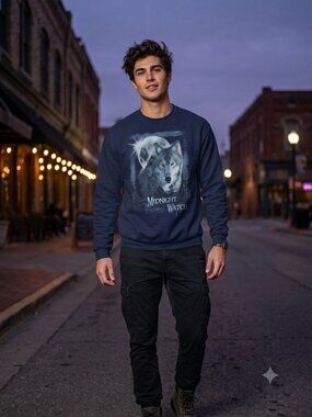 Vintage 90s/Y2K Midnight Watch Wolf Moon Graphic Sweatshirt Navy
